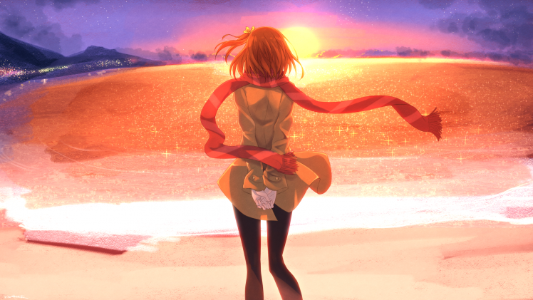 anime, Anime Girls, Swordsouls, Love Live!, Kousaka Honoka, Beach, Scarf, Sunset, Short Hair, Orange Hair HD Wallpaper Desktop Background