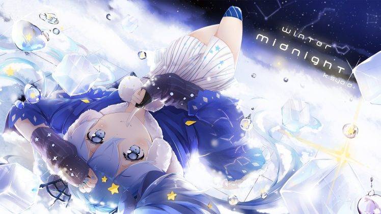anime Girls, Vocaloid, Hatsune Miku, Twintails, Blue Eyes, Blue Hair, Bubbles, Long Hair, Snow, Winter HD Wallpaper Desktop Background