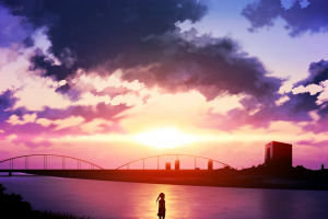 anime, Sunset, River, Sky, Clouds