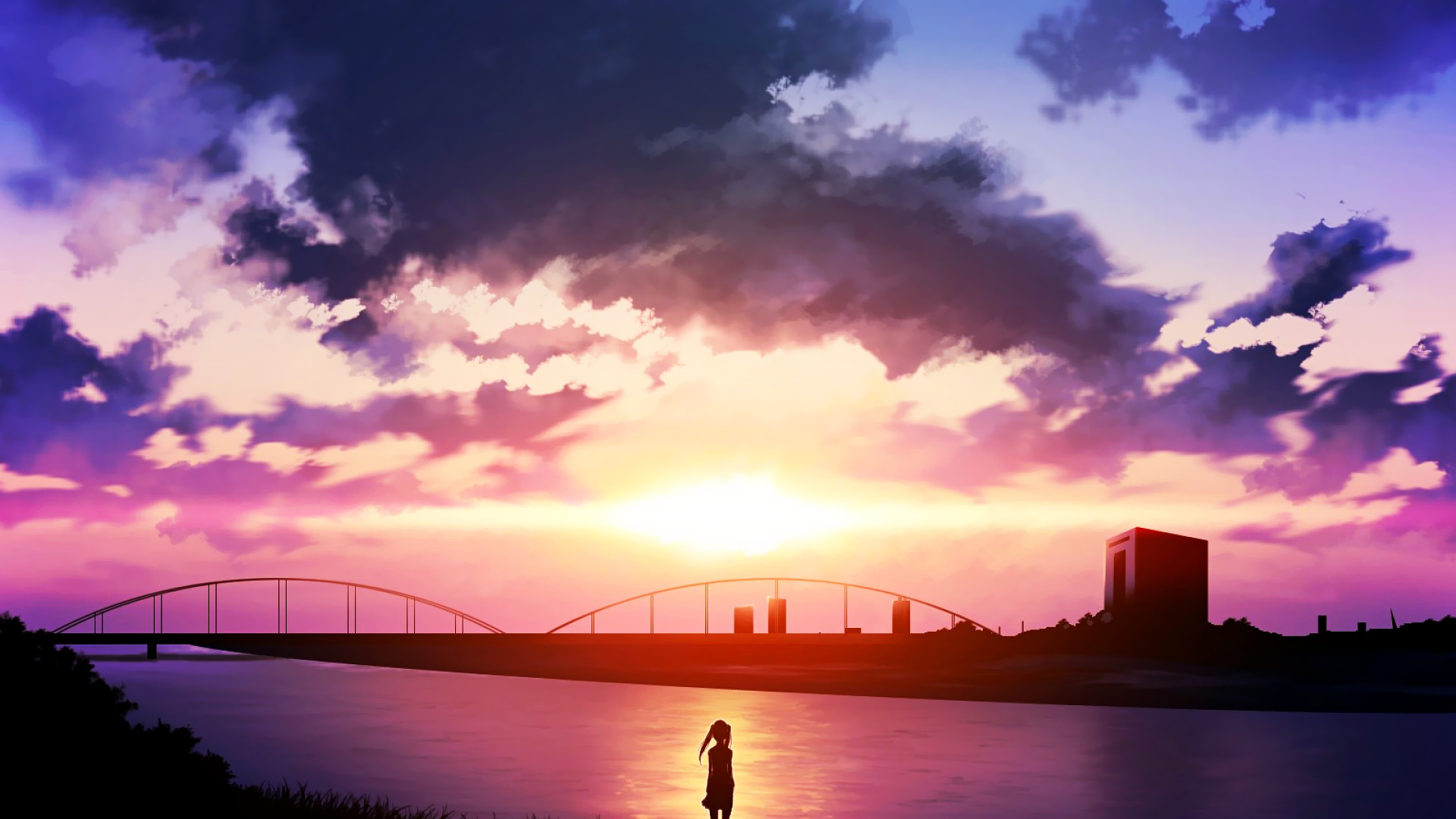 anime, Sunset, River, Sky, Clouds Wallpaper