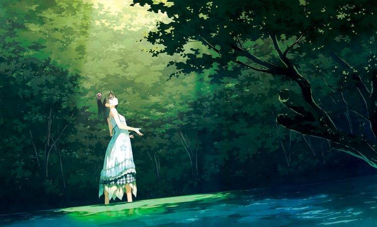 anime Girls, Afterschool Of The 5th Year, Kantoku, Shizuku (Kantoku), Forest, Dress, Black Hair, Short Hair, Trees HD Wallpaper Desktop Background
