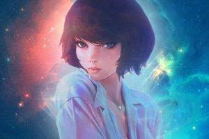 anime, Short Hair, Galaxy, Edited,  Ilya Kuvshinov, KR0NPR1NZ