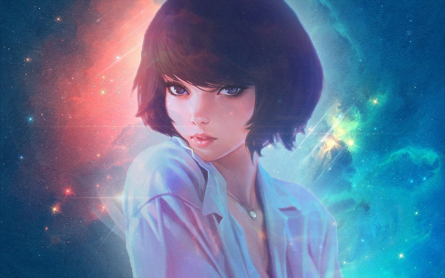 anime, Short Hair, Galaxy, Edited,  Ilya Kuvshinov, KR0NPR1NZ Wallpaper