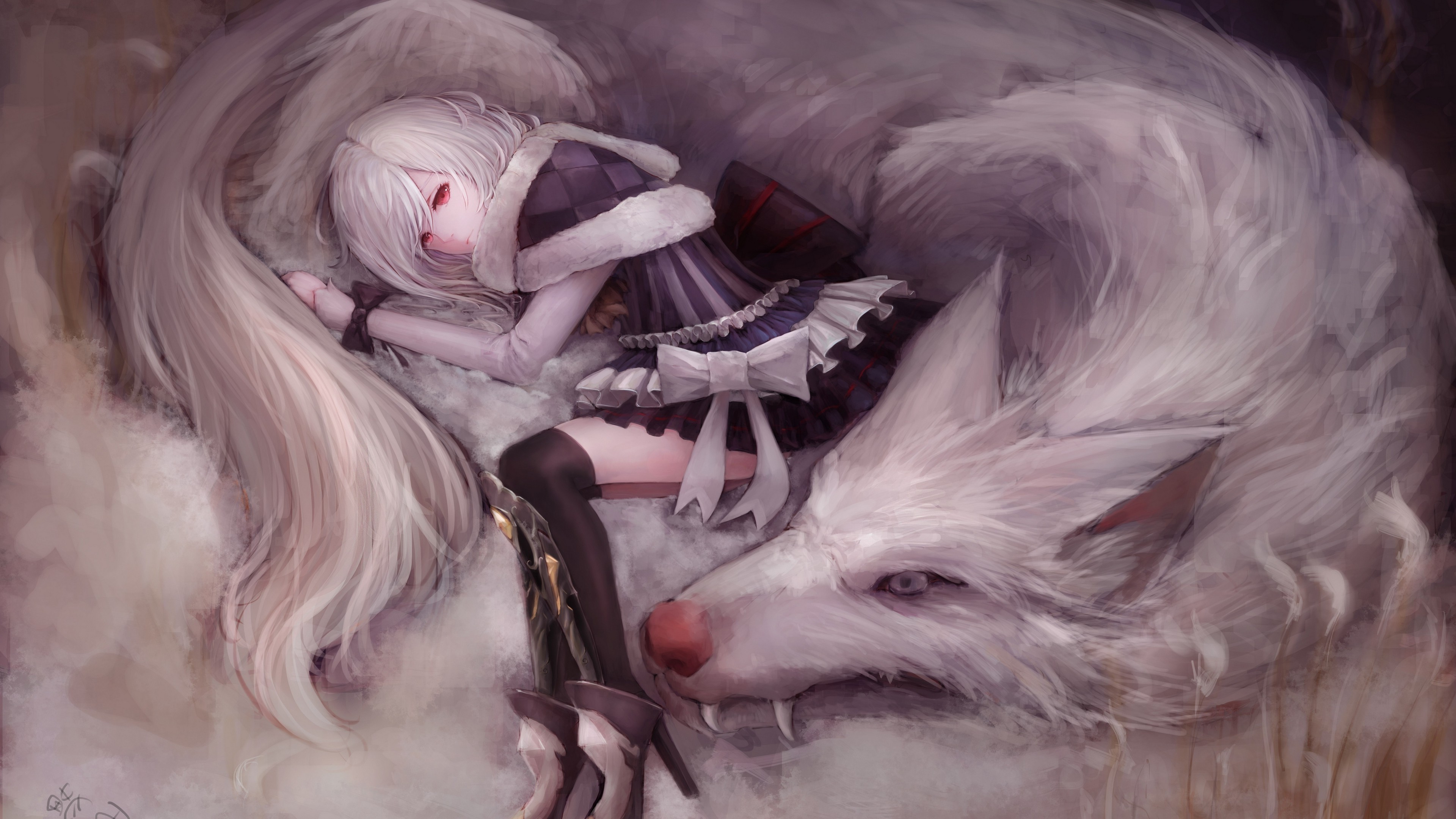 wolf, Animals, Red Eyes, Anime Girls, Fantasy Art Wallpaper