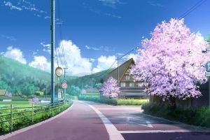 road, Clouds, Cherry Blossom, Landscape