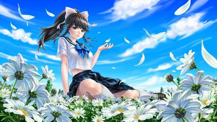 Takane Manaka, Flowers, Clouds, School Uniform, Ponytail, Love Plus HD Wallpaper Desktop Background