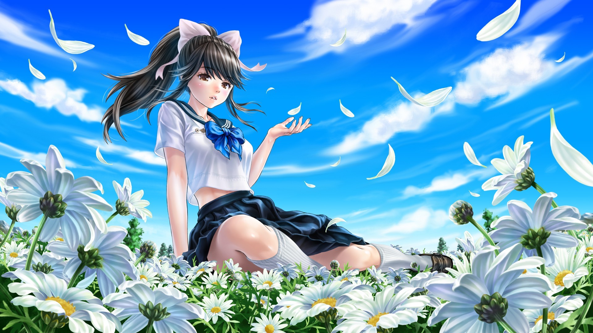 Takane Manaka, Flowers, Clouds, School Uniform, Ponytail, Love Plus Wallpaper
