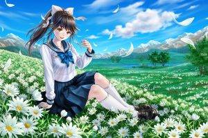 Takane Manaka, Flowers, Clouds, School Uniform, Ponytail, Love Plus