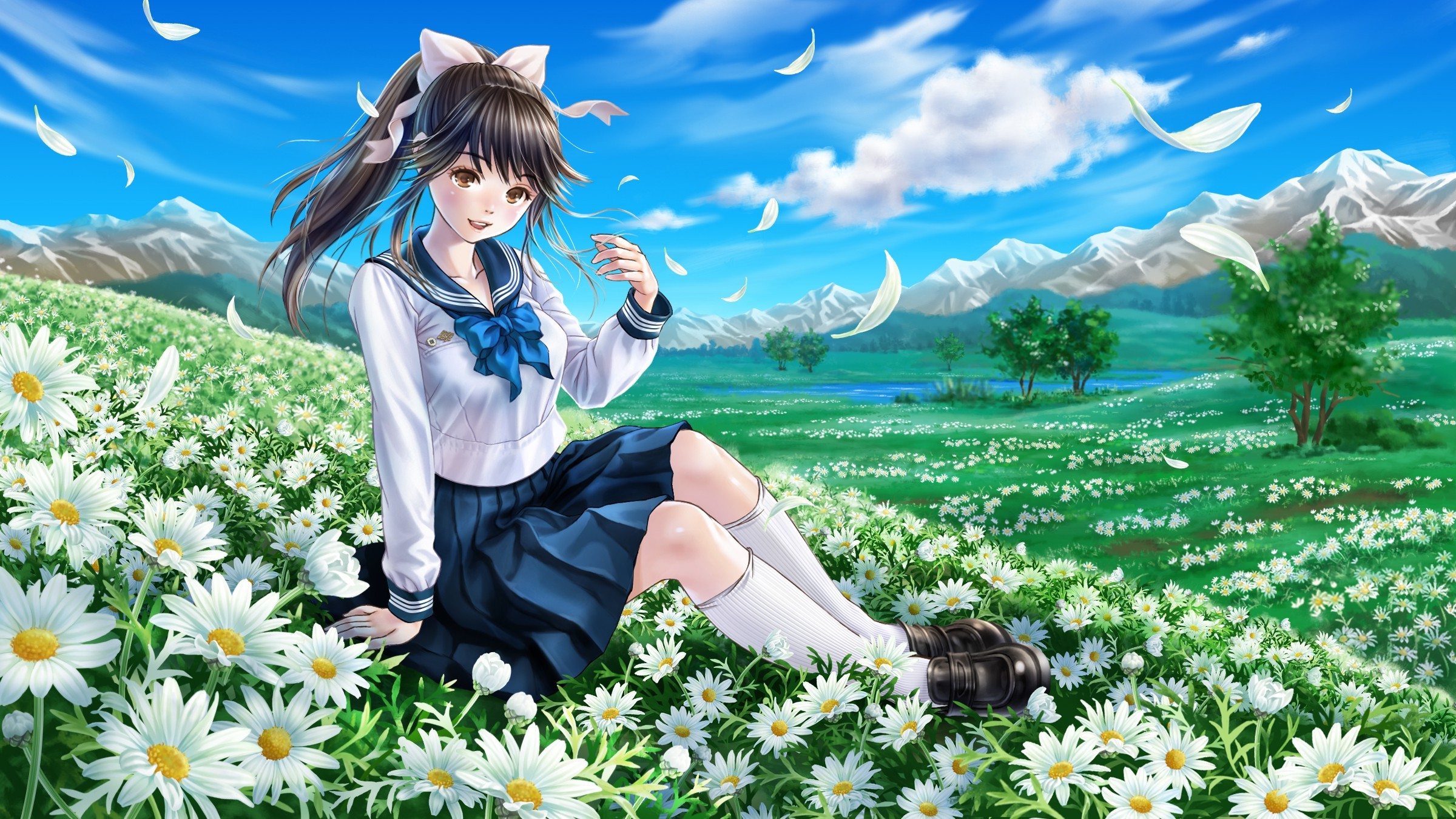 Takane Manaka, Flowers, Clouds, School Uniform, Ponytail, Love Plus Wallpaper