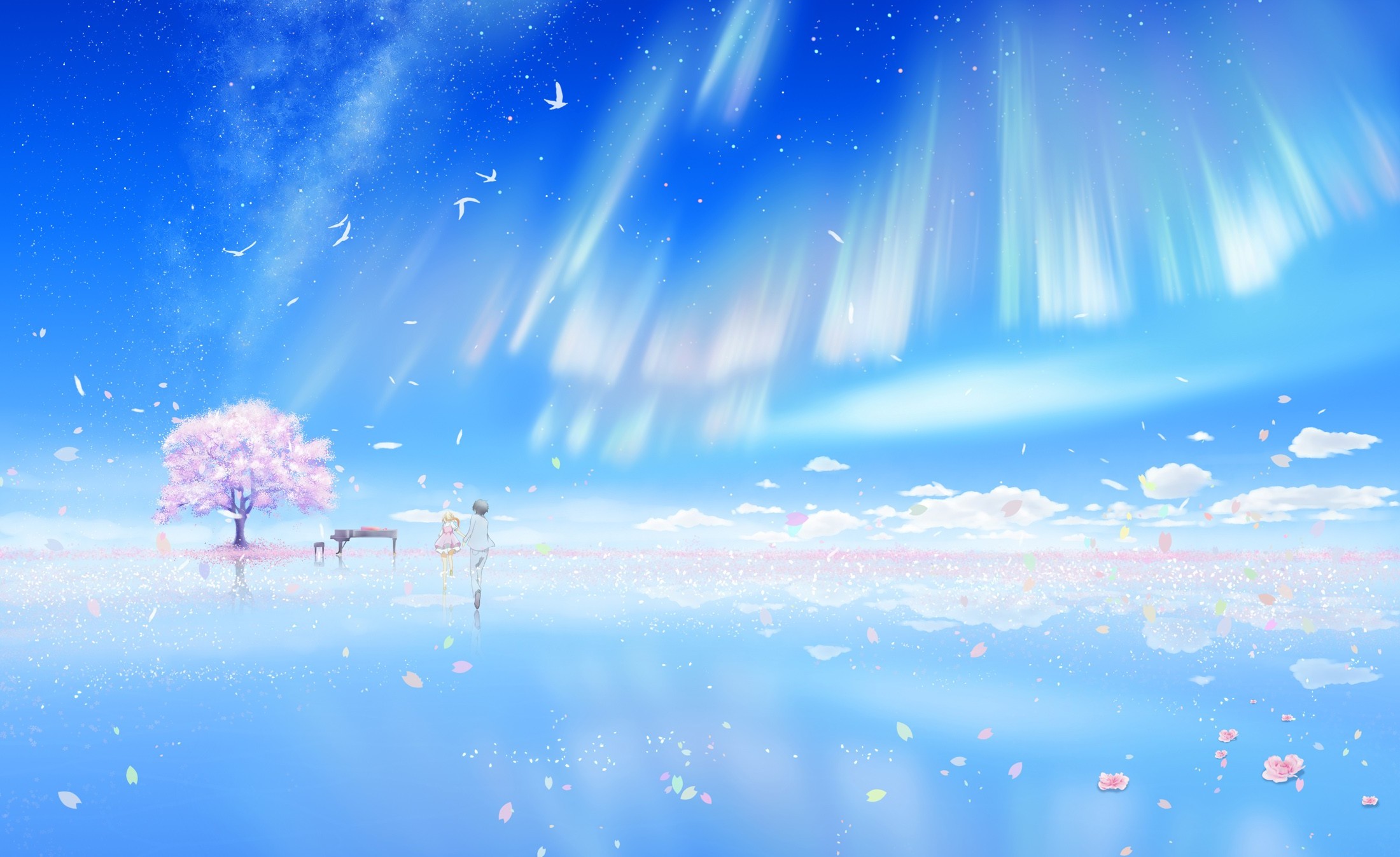 piano, Cherry Blossom, Birds, Clouds, Arima Kousei, Miyazono Kaori, Shigatsu Wa Kimi No Uso Wallpaper