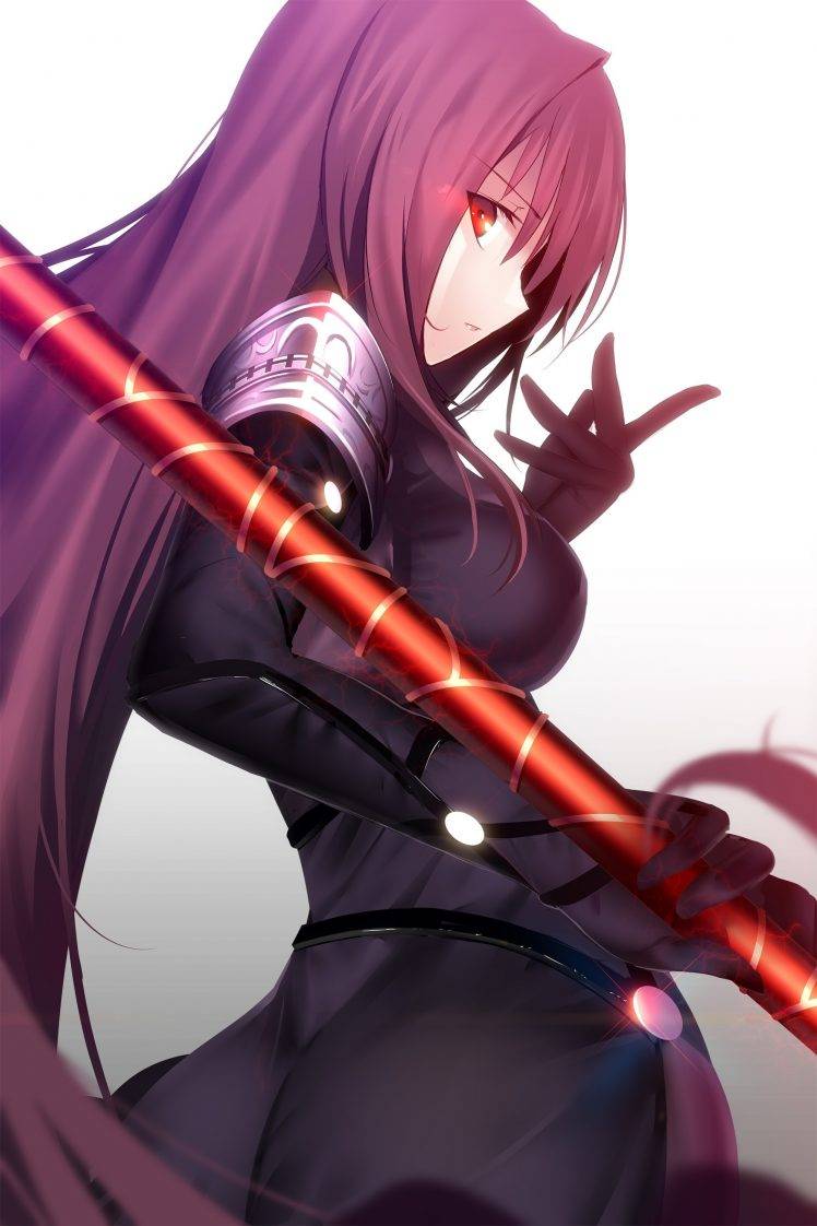 Fate Grand Order, Lancer (Fate Grand Order), Purple Hair, Red Eyes, Spear, Long Hair HD Wallpaper Desktop Background