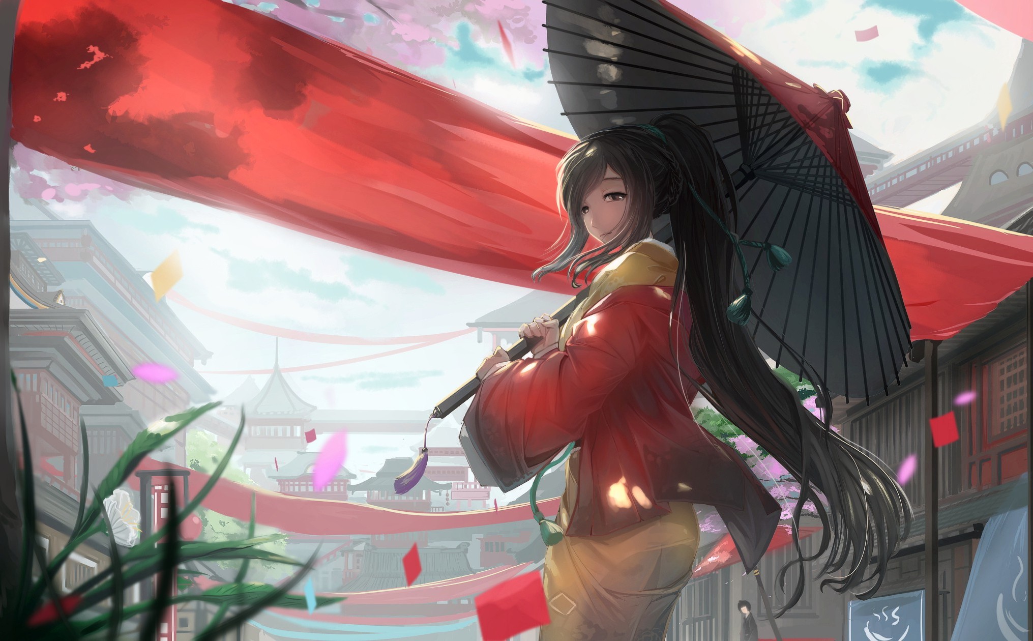 umbrella, Red Dress, Original Characters, Artwork Wallpaper