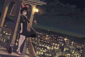 city, Anime Girls, Cat, Kikis Delivery Service, Night, Studio Ghibli