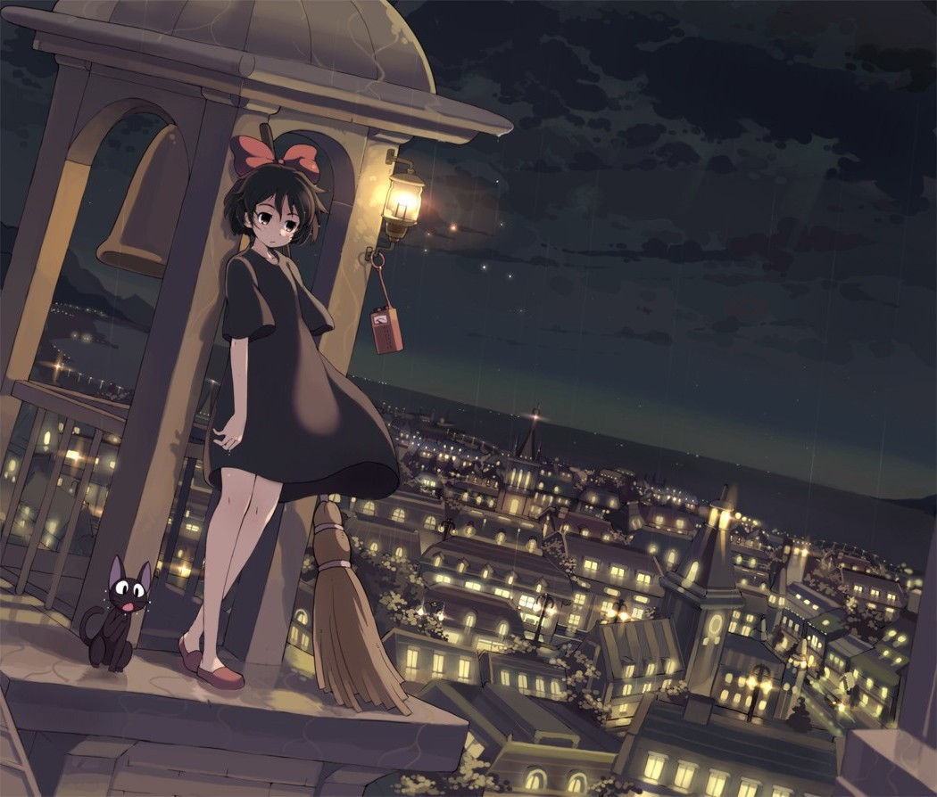city, Anime Girls, Cat, Kikis Delivery Service, Night, Studio Ghibli Wallpaper