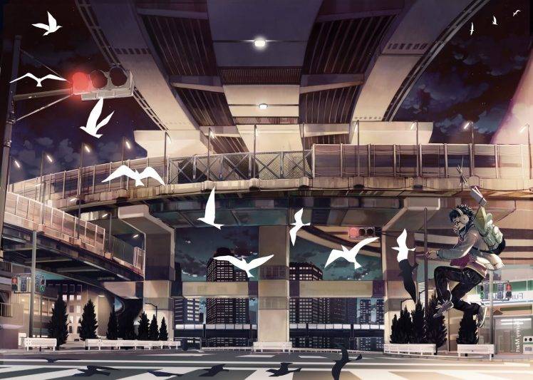 city, Birds, Flying, Anime Boys, Sky, Building HD Wallpaper Desktop Background