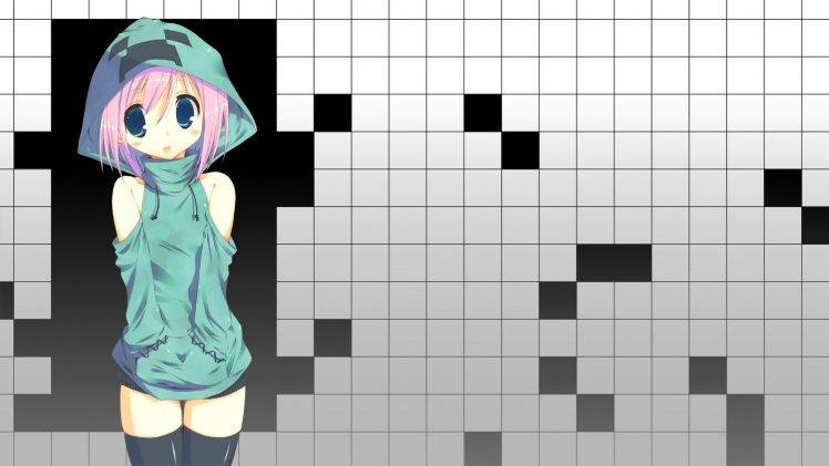 Minecraft, Creeper, Anime Girls, Blue Eyes, Pink Hair, Thigh highs HD Wallpaper Desktop Background