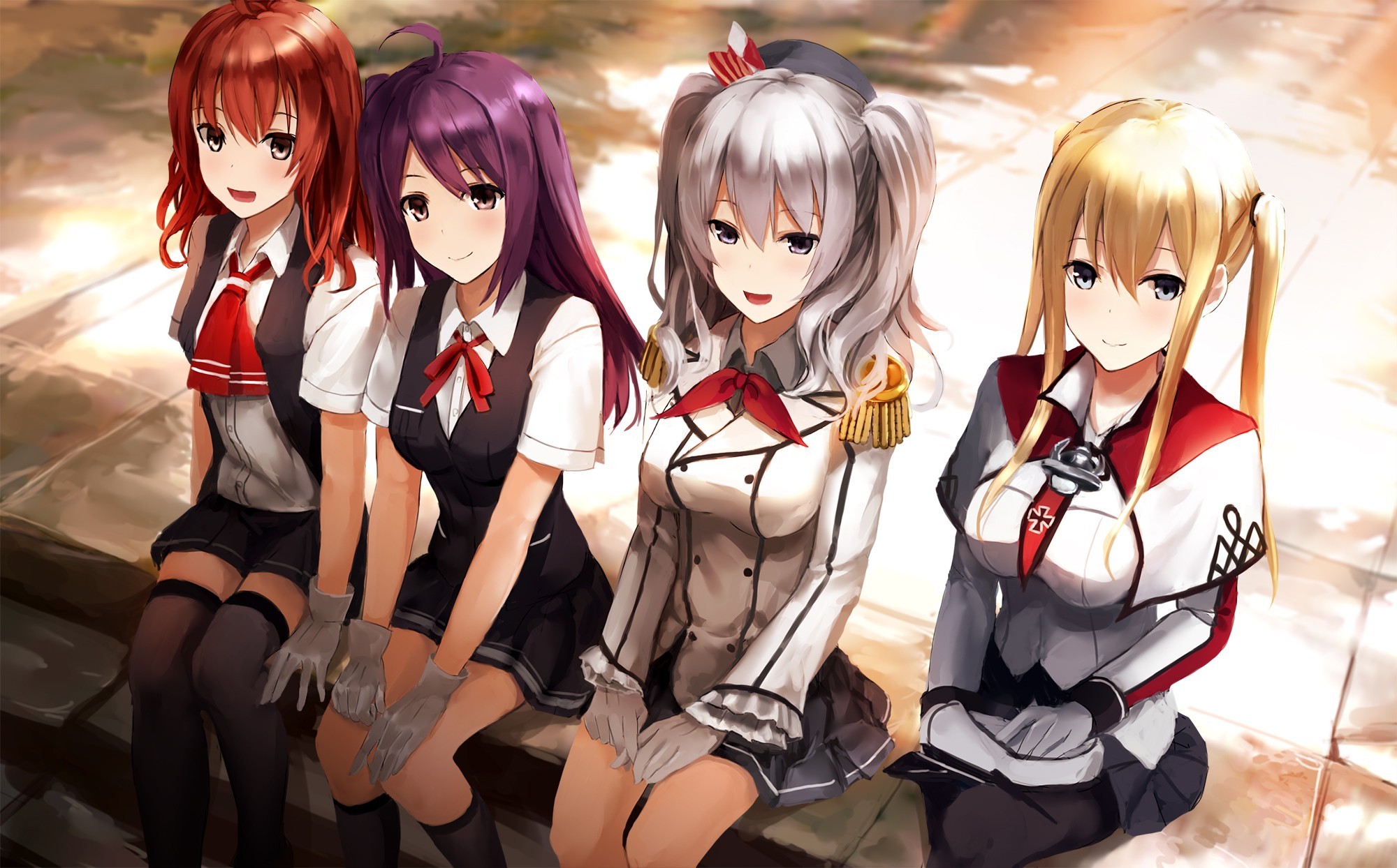 anime Girls, Kantai Collection, Arashio (KanColle), Graf Zeppelin (KanColle), Hagikaze (KanColle), Kashima (KanColle), School Uniform, Anime Wallpaper