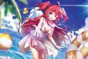 anime Girls, Original Characters, Redhead, Winking, Blue Eyes, Long Hair, Beach, Water, Dress, Inflatable Rings