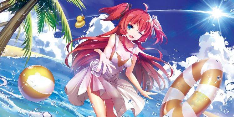 anime Girls, Original Characters, Redhead, Winking, Blue Eyes, Long Hair, Beach, Water, Dress, Inflatable Rings HD Wallpaper Desktop Background