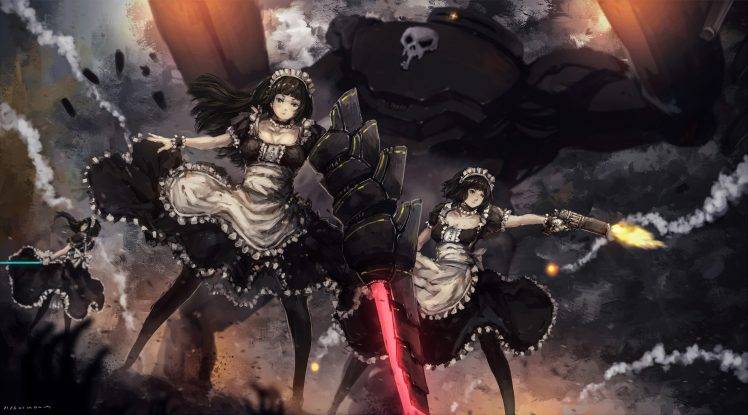 anime Girls, Original Characters, Maid Outfit, Black Hair, Headdress, Weapon, Gun HD Wallpaper Desktop Background