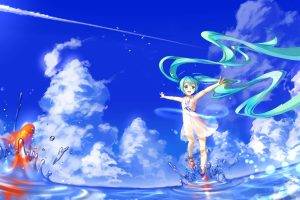 anime Girls, Vocaloid, Hatsune Miku, Twintails, Clouds, Sky, Water, Goldfish, Fish