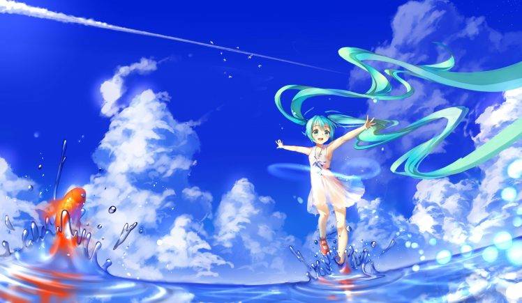 anime Girls, Vocaloid, Hatsune Miku, Twintails, Clouds, Sky, Water, Goldfish, Fish HD Wallpaper Desktop Background
