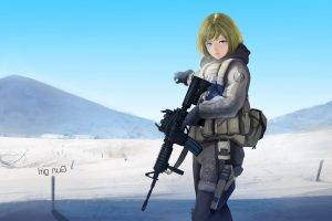 anime Girls, Anime, Women With Guns, Blonde, Blue Eyes, Gun, Weapon, Original Characters, Snow, M4A1