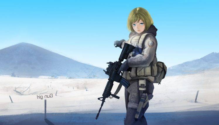 anime Girls, Anime, Women With Guns, Blonde, Blue Eyes, Gun, Weapon, Original Characters, Snow, M4A1 HD Wallpaper Desktop Background