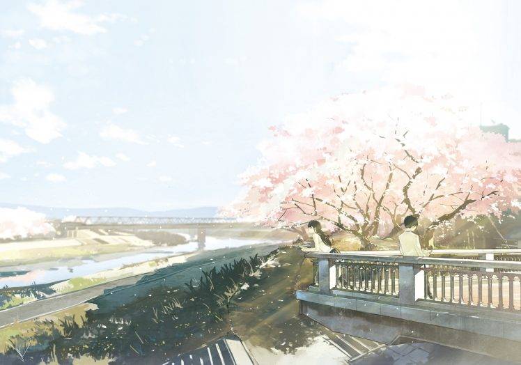 cherry Blossom, River, Bridge, Anime, Original Characters HD Wallpaper Desktop Background