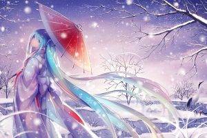 Vocaloid, Hatsune Miku, Snow, Traditional Clothing, Umbrella, Kimono