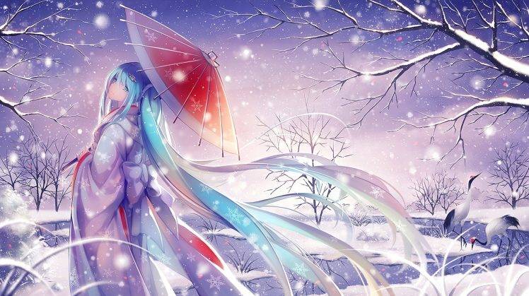 Vocaloid, Hatsune Miku, Snow, Traditional Clothing, Umbrella, Kimono HD Wallpaper Desktop Background