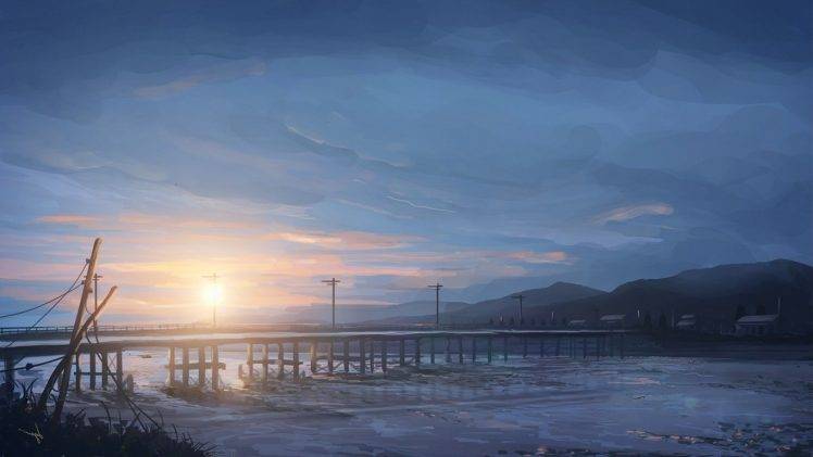 anime, Sky, Sunrise, Bridge HD Wallpaper Desktop Background