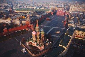 architecture, Building, City, Cityscape, Moscow, Russia, Church, Red Square, Cathedral, Aerial View, Town Square, Tower, Capital, Car, Cranes (machine), Street, Rooftops, Birds Eye View, Saint Basils Cathedral