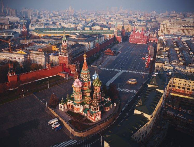 architecture, Building, City, Cityscape, Moscow, Russia, Church, Red Square, Cathedral, Aerial View, Town Square, Tower, Capital, Car, Cranes (machine), Street, Rooftops, Birds Eye View, Saint Basils Cathedral HD Wallpaper Desktop Background