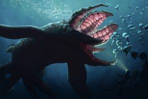 digital Art, Animals, Nature, Sea, Underwater, Sea Monsters, Fish, Bubbles, Divers, Lights, Leviathan