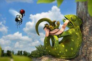 digital Art, Animals, Nature, 3D, Chameleons, Flies, Tongues, Trees, Clouds, Humor, Leaves, Bound, Martial Arts, Flying