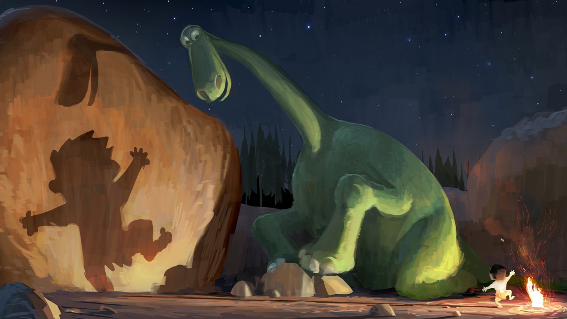 digital Art, Animals, Nature, Pixar Animation Studios, Dinosaurs, The Good Dinosaur, Stones, Night, Fire, Shadow, Stars, Dancing Wallpaper