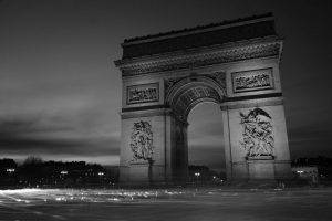 monochrome, Architecture, Paris, Arc De Triomphe, Capital, France, Evening, Traffic, Light Trails, Street Light, Champs Élysées, Car, Arch, Clouds, City