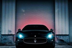 car, Sports Car, Black Cars, Maserati, Maserati GranTurismo, Lights, Urban, Garages, Building