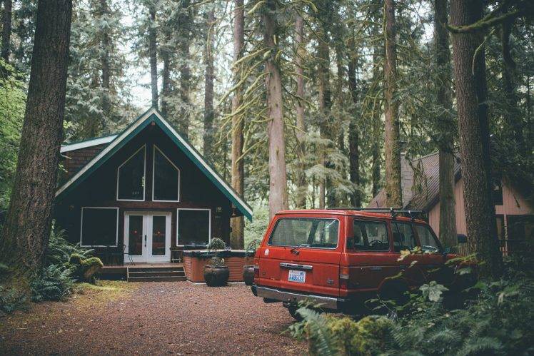 house, Forest, Red Cars, Car, Pine Trees, USA, Foliage, Washington State HD Wallpaper Desktop Background