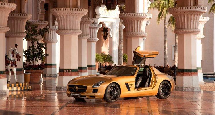 car, Sports Car, Mercedes Benz, Mercedes SLS, Dubai, Horse, Column, Mercedes Benz SLS AMG HD Wallpaper Desktop Background