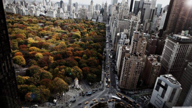 architecture, City, Cityscape, Trees, Building, New York City, USA, Street, Park, Car, Central Park, Taxi, Skyscraper, Fall, Blurred, Birds Eye View, Window, Roundabouts, Urban HD Wallpaper Desktop Background