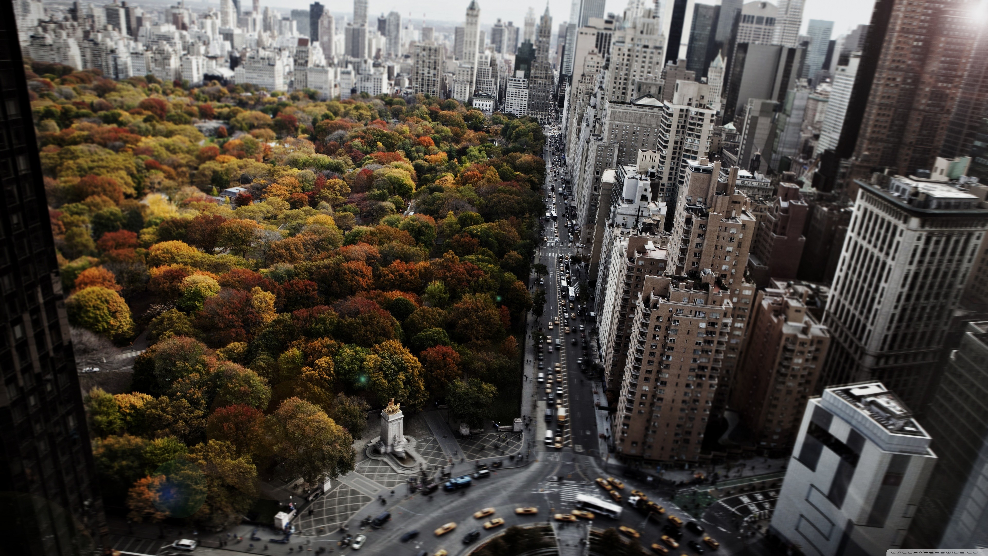 architecture, City, Cityscape, Trees, Building, New York City, USA, Street, Park, Car, Central Park, Taxi, Skyscraper, Fall, Blurred, Birds Eye View, Window, Roundabouts, Urban Wallpaper