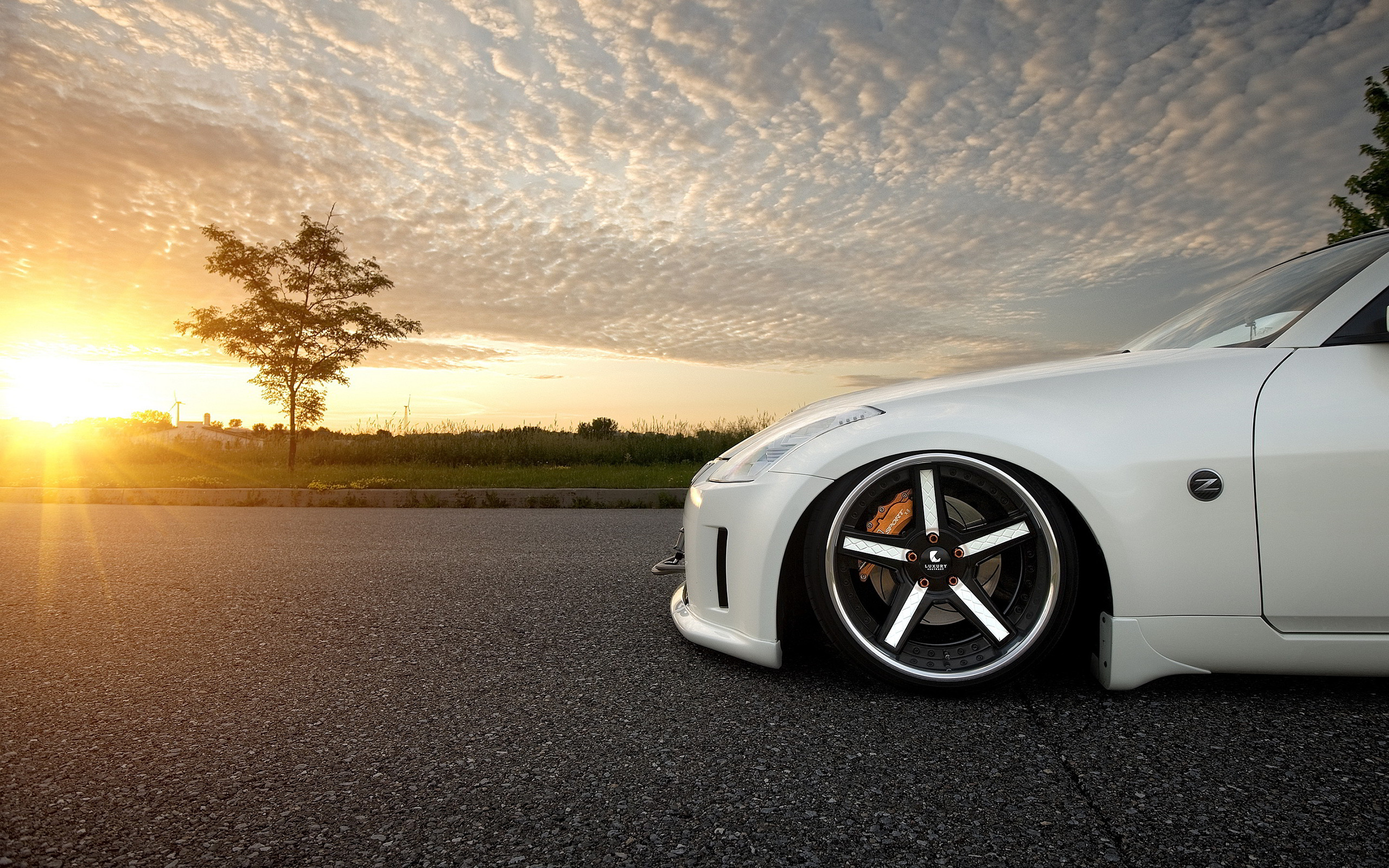 Nissan 350Z, Sunset, Clouds, Car, Vehicle, Tuning, JDM, Rims Wallpaper