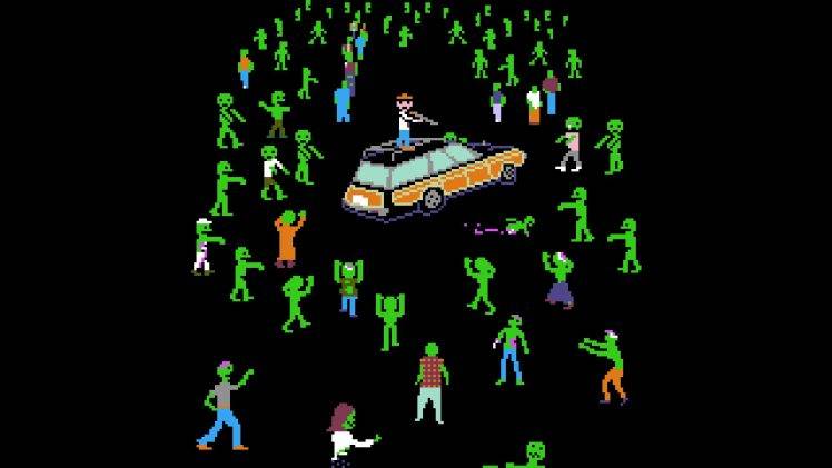 men, Killer, Black Background, Digital Art, Minimalism, Organ Trail, Zombies, Video Games, Retro Games, Pixels, Gun, Car, Green HD Wallpaper Desktop Background