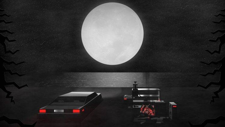 car, Digital Art, Night, Lights, Moon, Gramophone, Fire, Shelves, Water, Horizon, Nature, Dark, Speakers, Trees, Branch HD Wallpaper Desktop Background