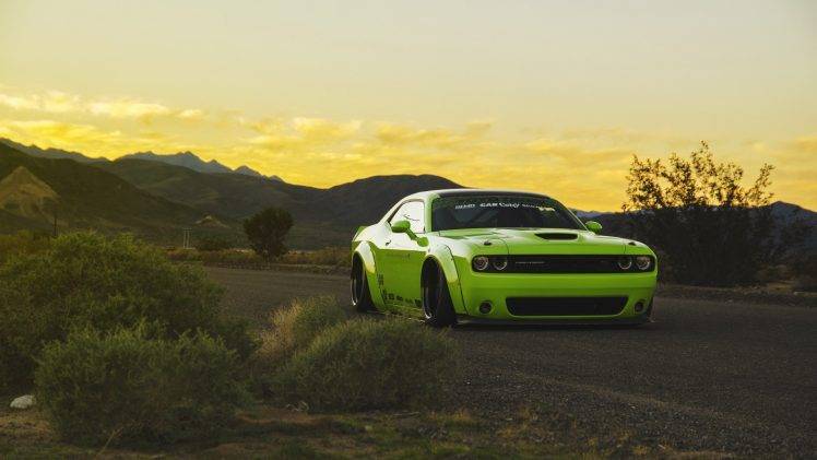 Dodge Challenger, Dodge, Green Cars, Muscle Cars, Sunset, Green HD Wallpaper Desktop Background