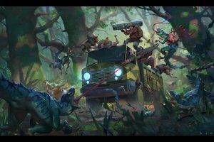 hunter, Artwork, Science Fiction, Dinosaurs, Forest, Wood, Car