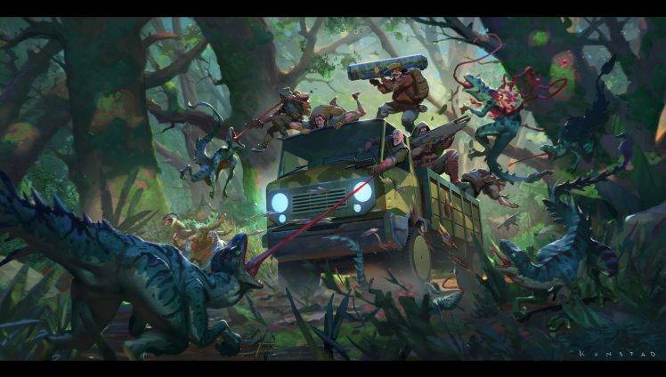hunter, Artwork, Science Fiction, Dinosaurs, Forest, Wood, Car HD Wallpaper Desktop Background