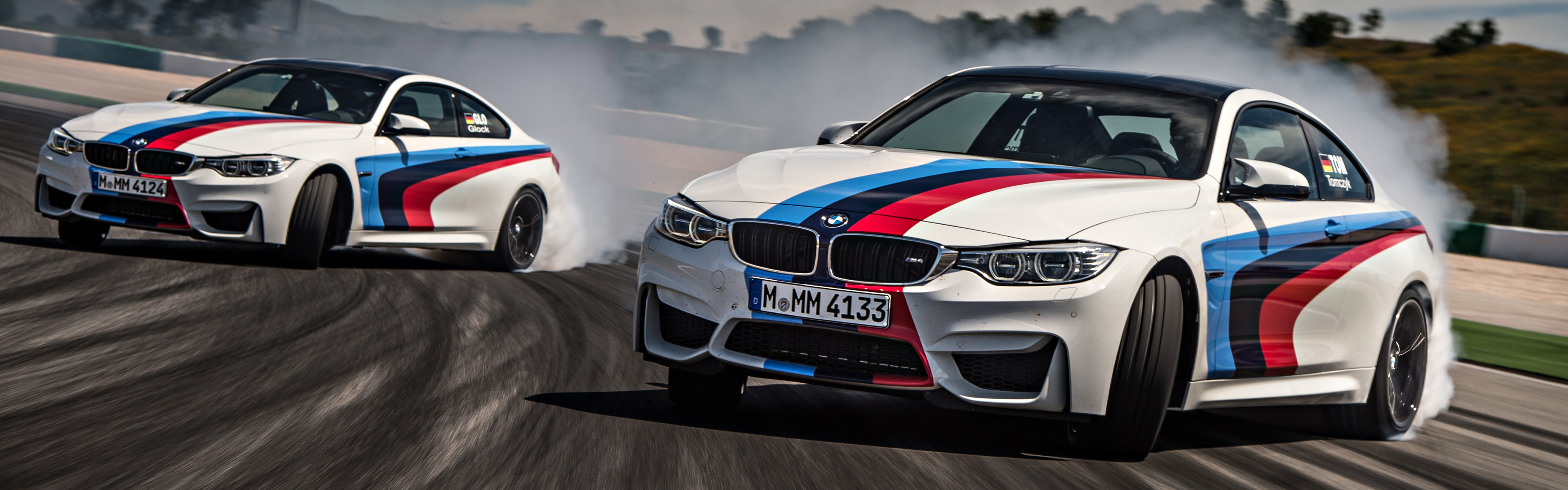 BMW M4, Race Tracks, Drifting, Car, Vehicle, Motion Blur, Smoke, Dual Monitors, Multiple Display Wallpaper